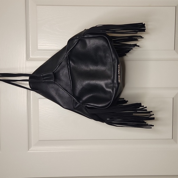 Victoria Secret Black Faux Leather Boho Fringe Backpack Shoulder Bucket Tote Bag - Picture 8 of 12